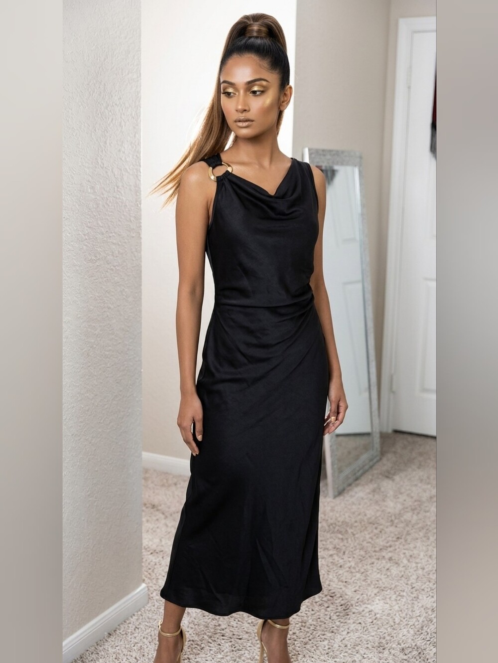 bebe Black Maxi Dress with Gold Shoulder Ring New With Tags
